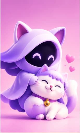 Veil Popcat: A cat-eared Veil and a very pleased white cat, with hearts floating overhead.