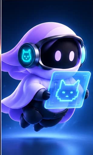 Veil Cyber: A Veil in a visor headset, holding a holographic tablet with a pixel cat on it.