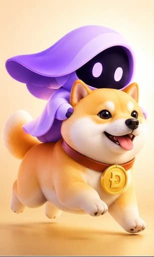 Veil Bonk: A Veil hitching a ride on a sprinting Shiba with a gold coin on its collar.