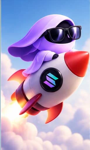 Veil Rocket: A Veil in sunglasses riding a Solana rocket up through the clouds.