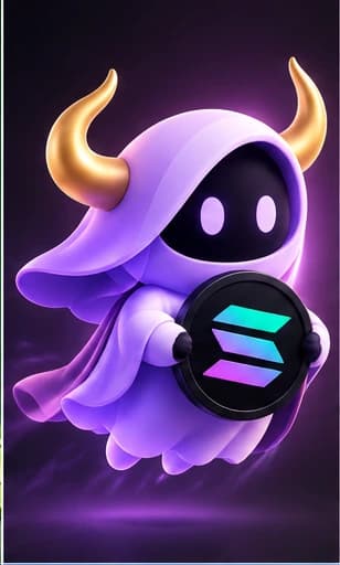 Veil Solana: A horned Veil holding a Solana coin, leaving a violet trail behind it.